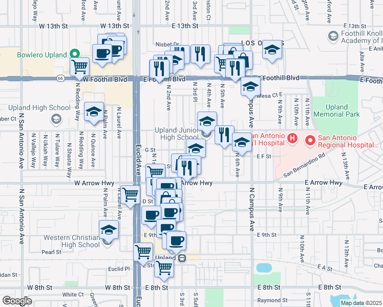 map of restaurants, bars, coffee shops, grocery stores, and more near 748 North 3rd Avenue in Upland