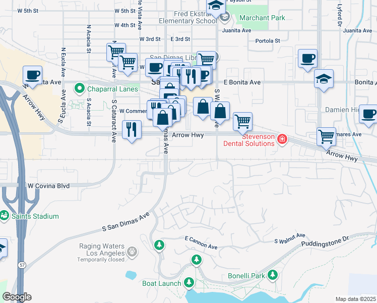 map of restaurants, bars, coffee shops, grocery stores, and more near 160 East Arrow Highway in San Dimas