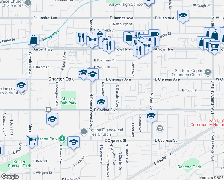 map of restaurants, bars, coffee shops, grocery stores, and more near 1250 North Stephora Avenue in Covina