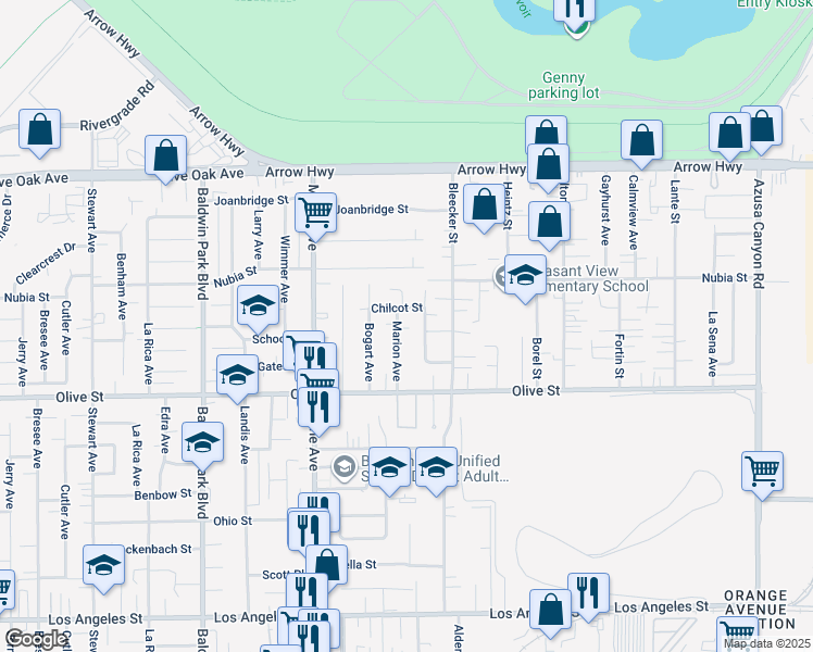 map of restaurants, bars, coffee shops, grocery stores, and more near 4934 Marion Avenue in Baldwin Park