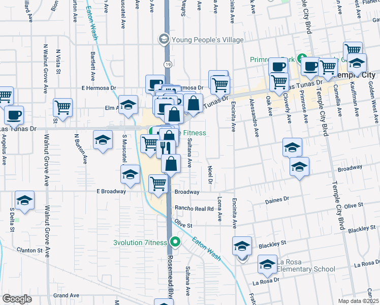 map of restaurants, bars, coffee shops, grocery stores, and more near 5656 Sultana Avenue in Temple City