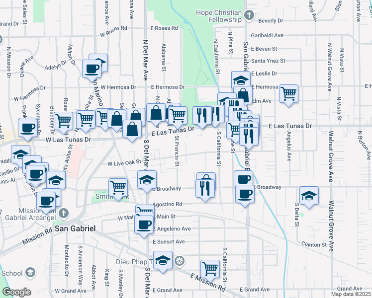 map of restaurants, bars, coffee shops, grocery stores, and more near 114 Saint Francis Street in San Gabriel