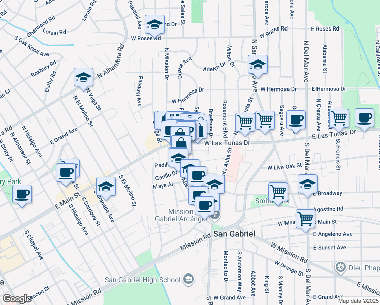 map of restaurants, bars, coffee shops, grocery stores, and more near 641 West Las Tunas Drive in San Gabriel