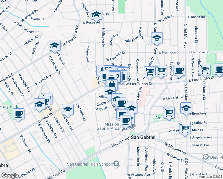 map of restaurants, bars, coffee shops, grocery stores, and more near 641 West Las Tunas Drive in San Gabriel