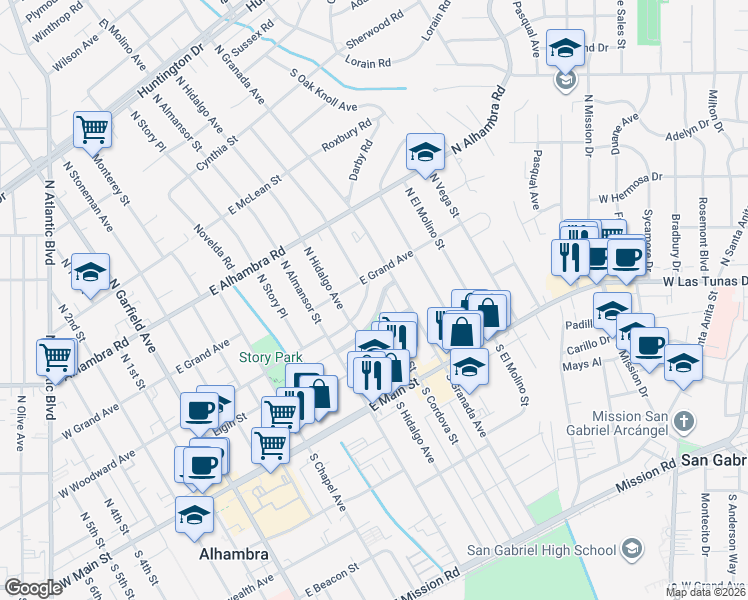 map of restaurants, bars, coffee shops, grocery stores, and more near 819 Lindaraxa Park North in Alhambra