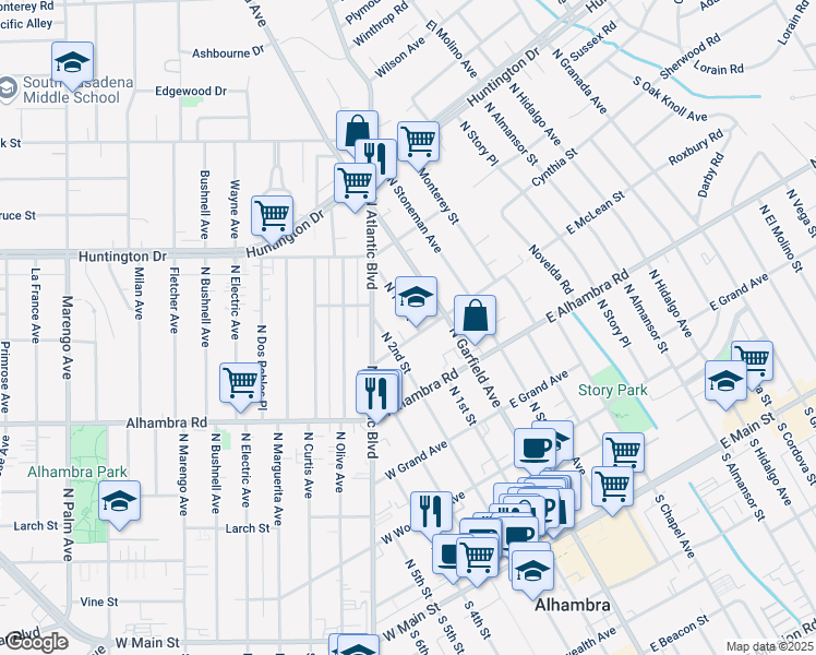 map of restaurants, bars, coffee shops, grocery stores, and more near 833 North 1st Street in Alhambra