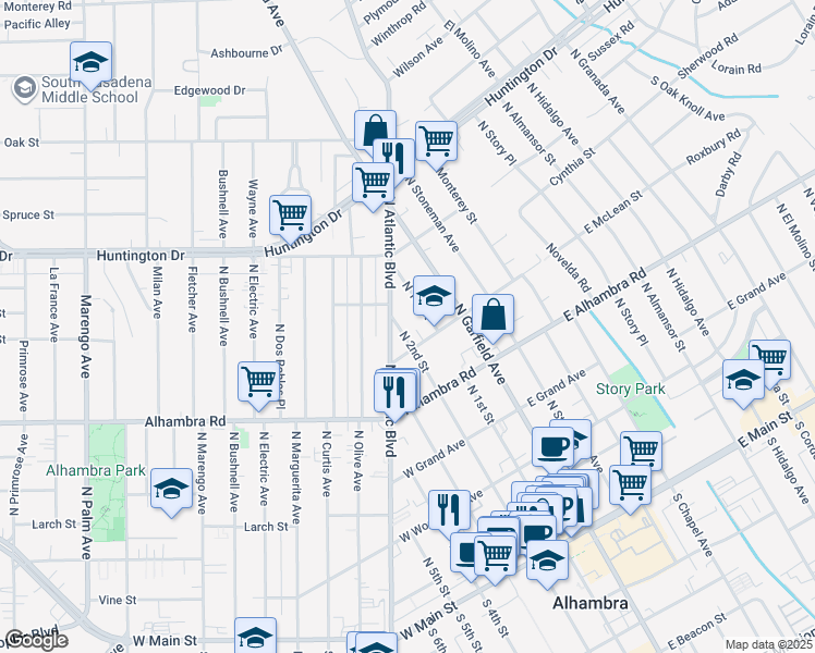 map of restaurants, bars, coffee shops, grocery stores, and more near 833 North 1st Street in Alhambra