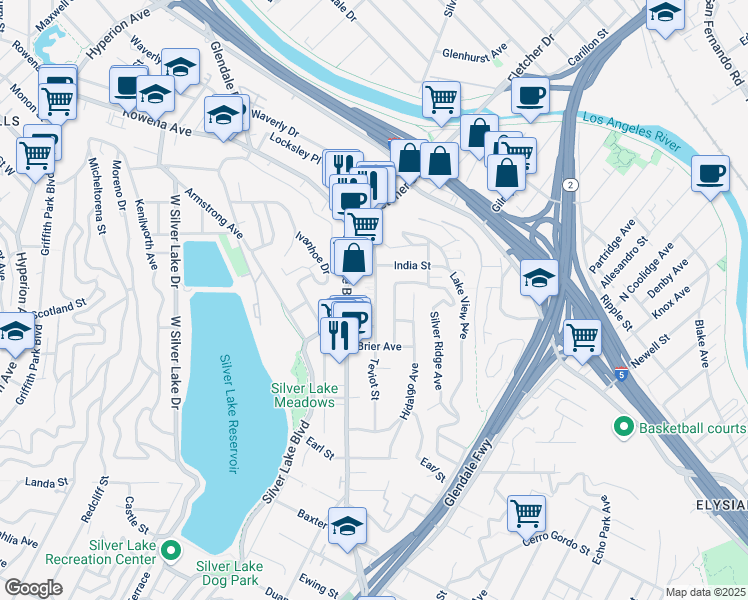 map of restaurants, bars, coffee shops, grocery stores, and more near 2477 Silver Lake Boulevard in Los Angeles