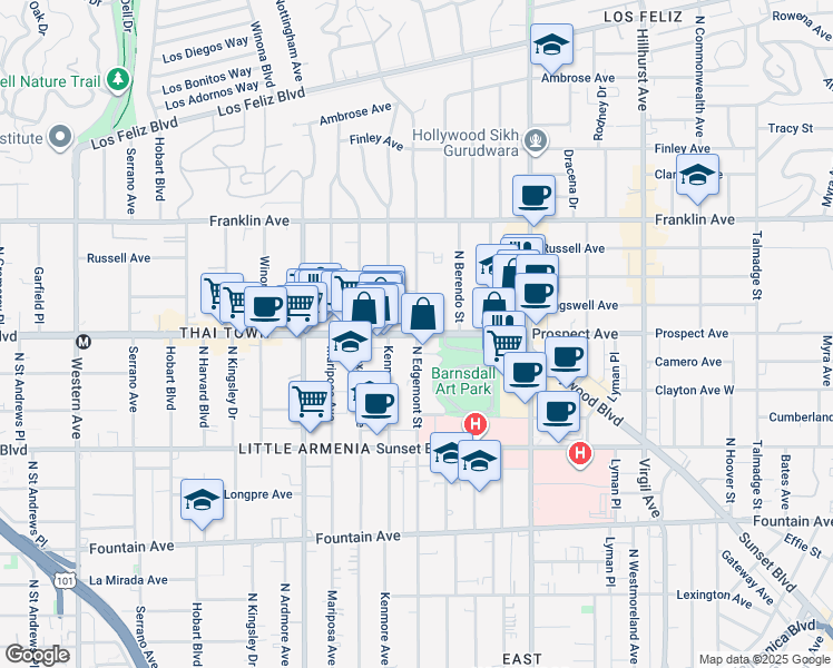 map of restaurants, bars, coffee shops, grocery stores, and more near 1724 North Edgemont Street in Los Angeles