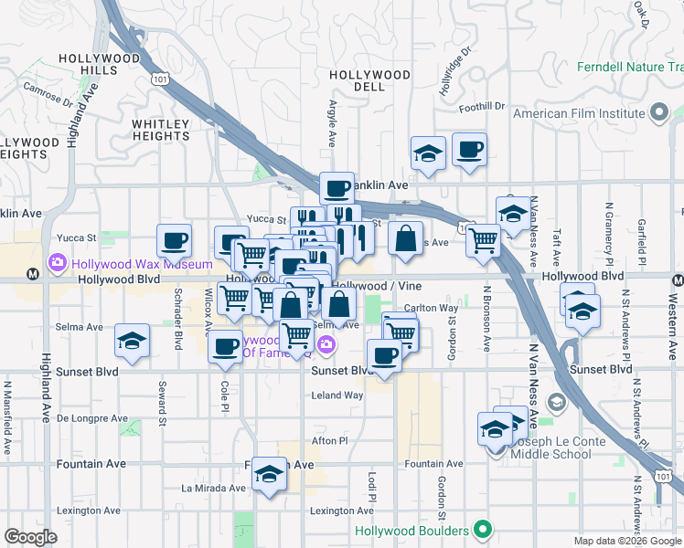 map of restaurants, bars, coffee shops, grocery stores, and more near in Los Angeles