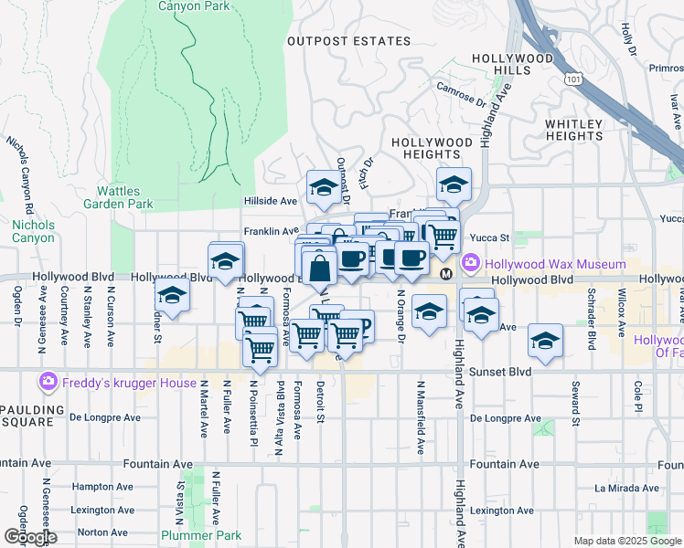 map of restaurants, bars, coffee shops, grocery stores, and more near 1731 North Sycamore Avenue in Los Angeles