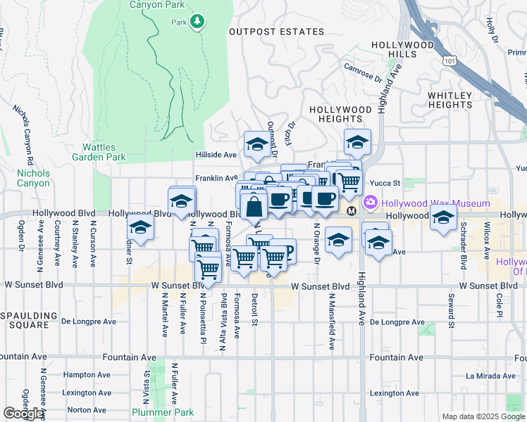 map of restaurants, bars, coffee shops, grocery stores, and more near 1731 North Sycamore Avenue in Los Angeles