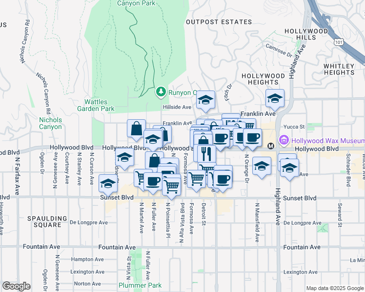 map of restaurants, bars, coffee shops, grocery stores, and more near 7205 Hollywood Boulevard in Los Angeles