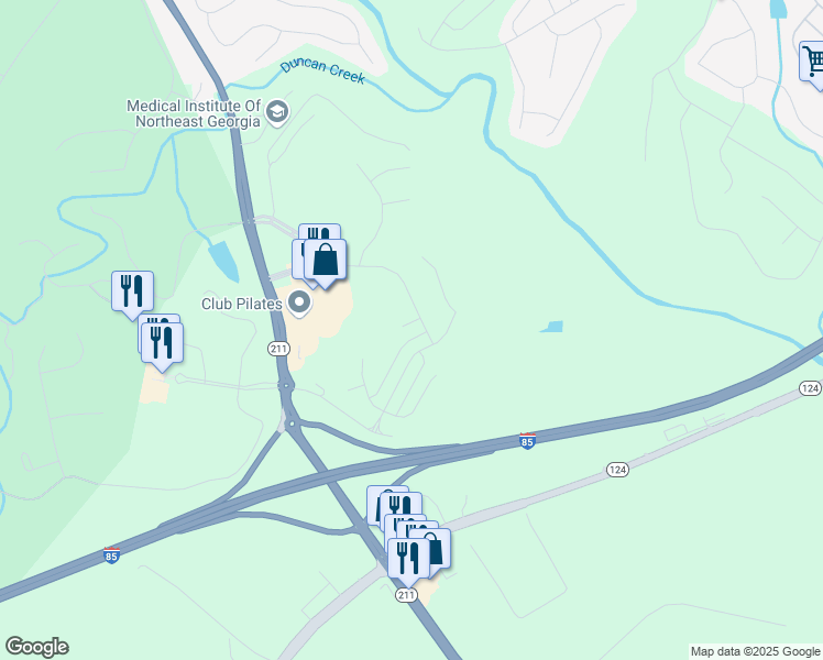 map of restaurants, bars, coffee shops, grocery stores, and more near 45 Loches Trail in Braselton