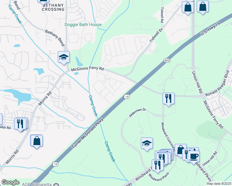 map of restaurants, bars, coffee shops, grocery stores, and more near 13209 Warrensville Cove in Alpharetta