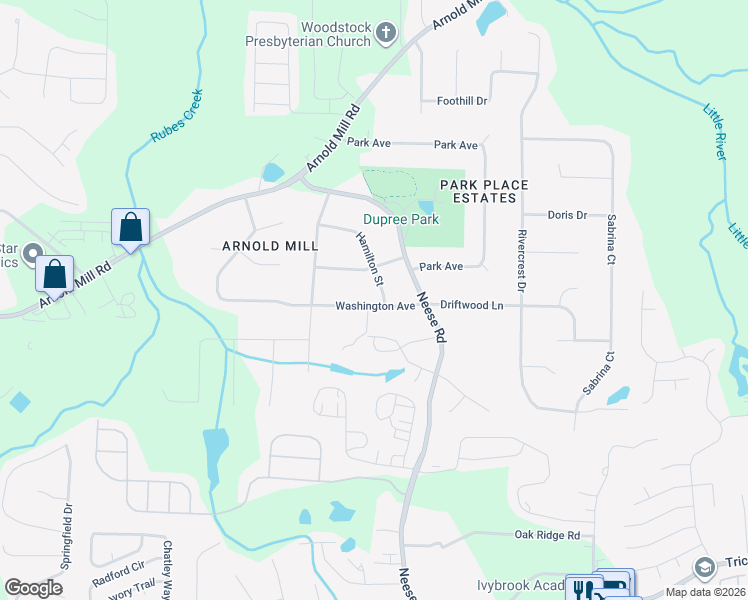 map of restaurants, bars, coffee shops, grocery stores, and more near 1115 Washington Avenue in Woodstock