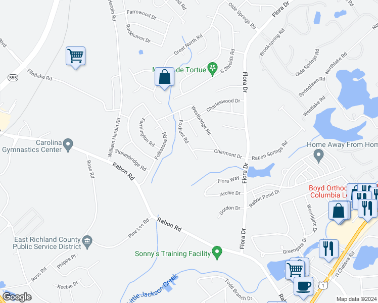 map of restaurants, bars, coffee shops, grocery stores, and more near 125 Foxhunt Road in Columbia