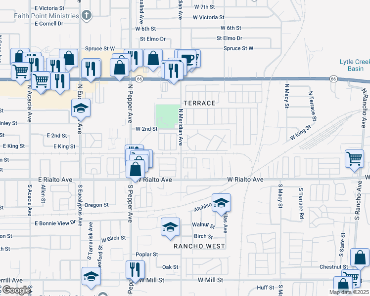 map of restaurants, bars, coffee shops, grocery stores, and more near 2601 West 2nd Street in San Bernardino