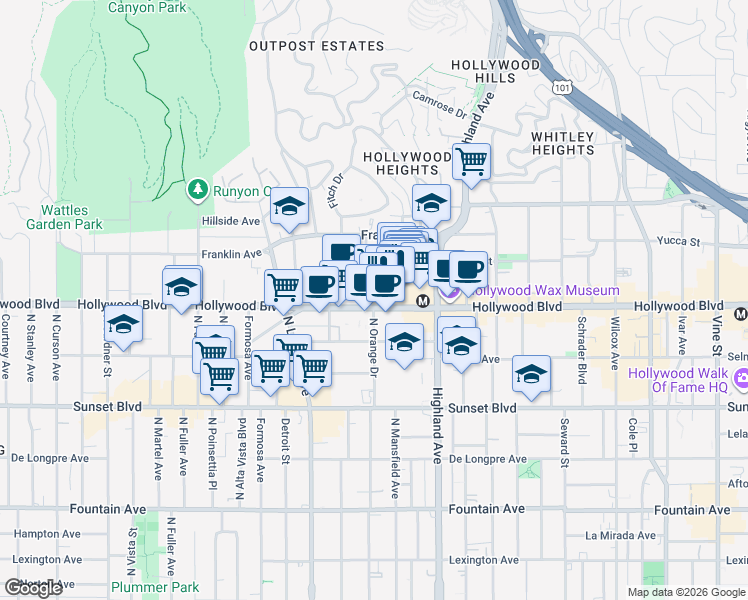 map of restaurants, bars, coffee shops, grocery stores, and more near 6933 Hollywood Boulevard in Los Angeles