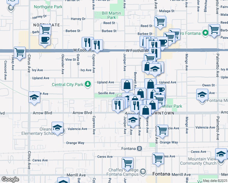 map of restaurants, bars, coffee shops, grocery stores, and more near 16600 Seville Avenue in Fontana