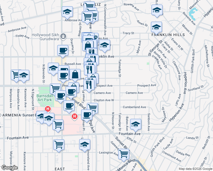 map of restaurants, bars, coffee shops, grocery stores, and more near Prospect Avenue in Los Angeles