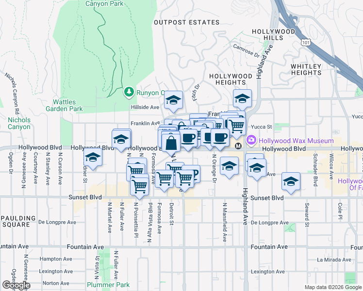 map of restaurants, bars, coffee shops, grocery stores, and more near 7083 Hollywood Boulevard in Los Angeles