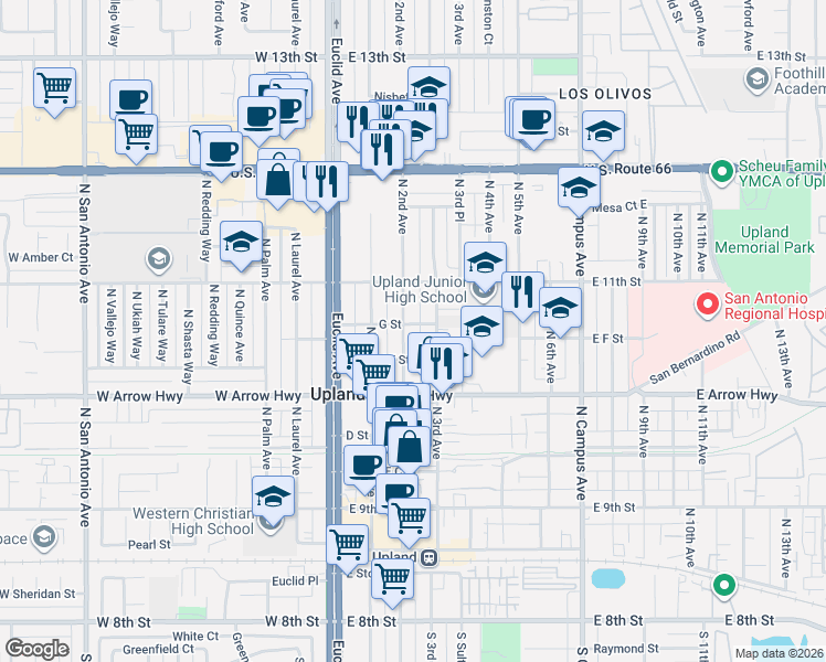 map of restaurants, bars, coffee shops, grocery stores, and more near 732 North 2nd Avenue in Upland