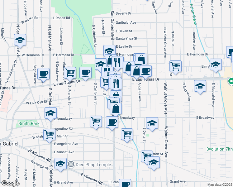 map of restaurants, bars, coffee shops, grocery stores, and more near 124S South San Gabriel Boulevard in San Gabriel