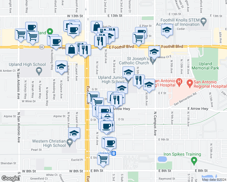 map of restaurants, bars, coffee shops, grocery stores, and more near 691 North 3rd Avenue in Upland