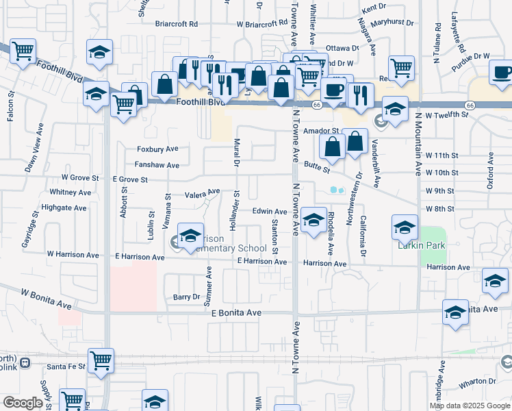 map of restaurants, bars, coffee shops, grocery stores, and more near 528 East Grove Street in Pomona