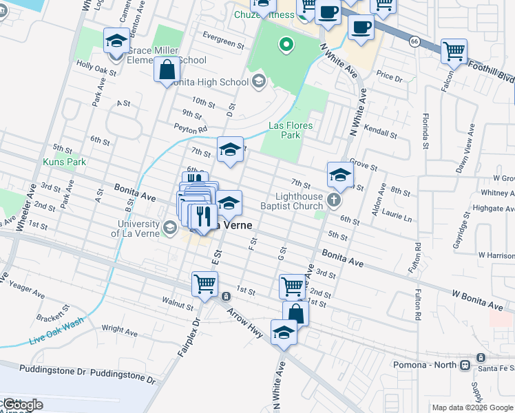 map of restaurants, bars, coffee shops, grocery stores, and more near 2273 5th Street in La Verne