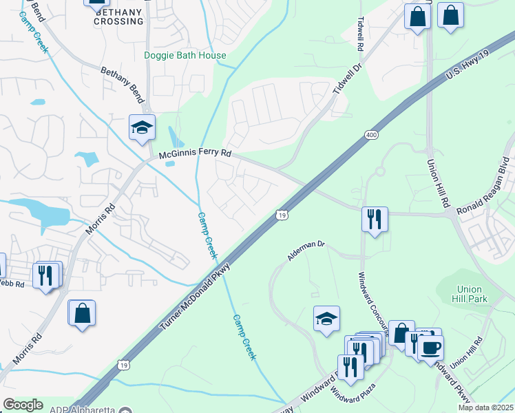 map of restaurants, bars, coffee shops, grocery stores, and more near 13209 Warrensville Cove in Alpharetta