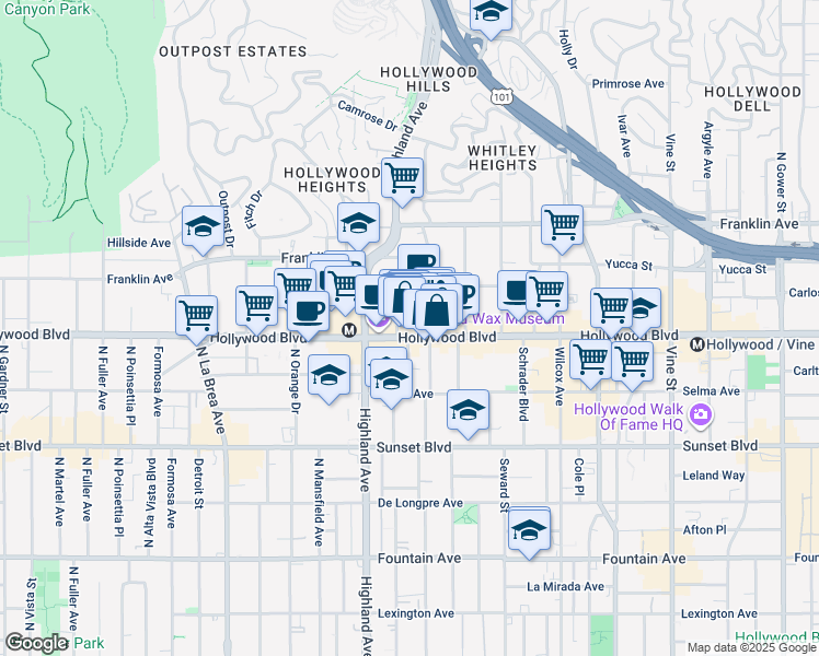 map of restaurants, bars, coffee shops, grocery stores, and more near 1721 North Las Palmas Avenue in Los Angeles