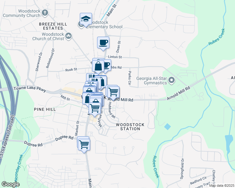 map of restaurants, bars, coffee shops, grocery stores, and more near 105 Arnold Mill Road in Woodstock