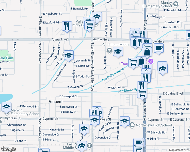 map of restaurants, bars, coffee shops, grocery stores, and more near 4926 North Lark Ellen Avenue in Covina