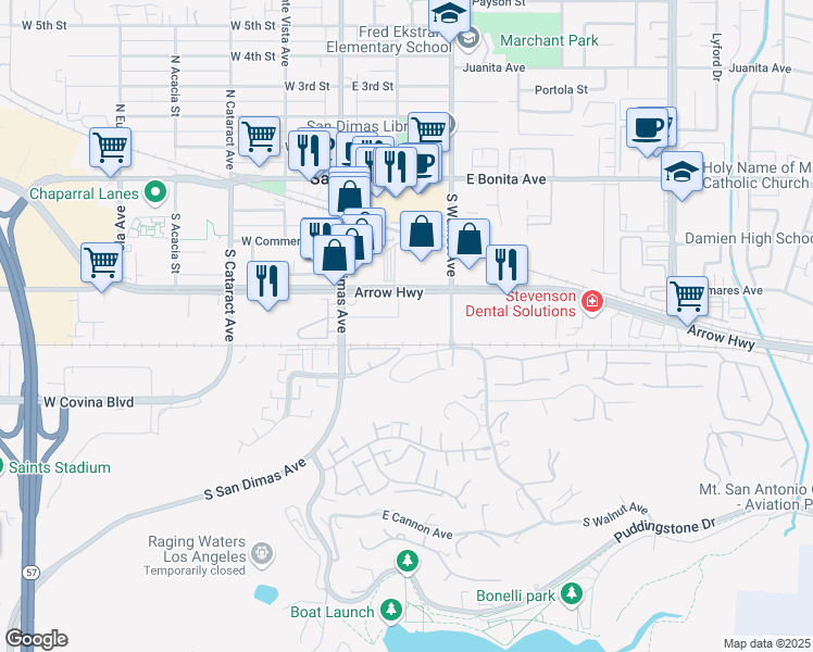 map of restaurants, bars, coffee shops, grocery stores, and more near 210 East Arrow Highway in San Dimas