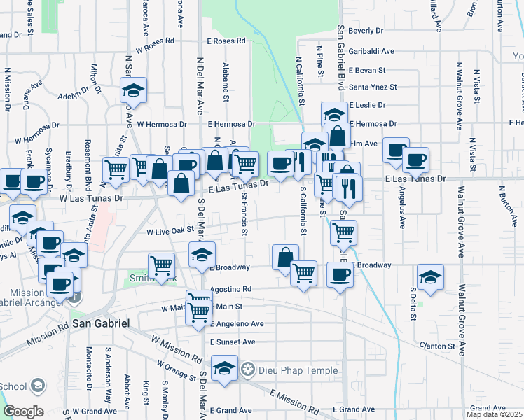 map of restaurants, bars, coffee shops, grocery stores, and more near 327 East Live Oak Street in San Gabriel