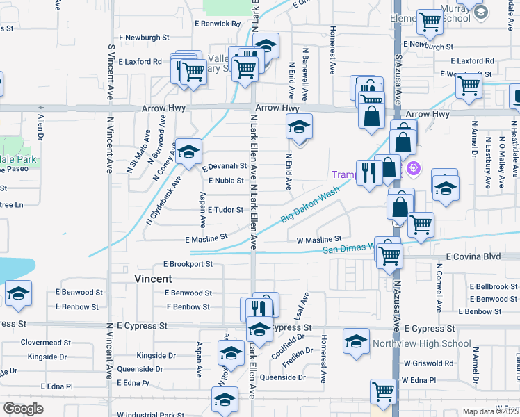map of restaurants, bars, coffee shops, grocery stores, and more near 4926 North Lark Ellen Avenue in Covina