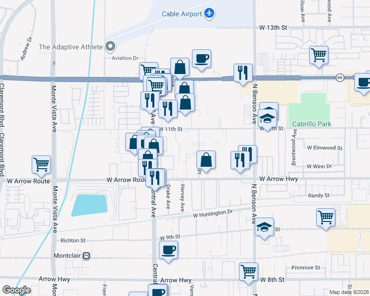 map of restaurants, bars, coffee shops, grocery stores, and more near 1846 West 11th Street in Upland