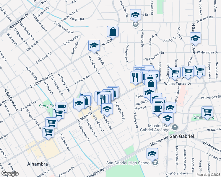 map of restaurants, bars, coffee shops, grocery stores, and more near 100 North El Molino Street in Alhambra