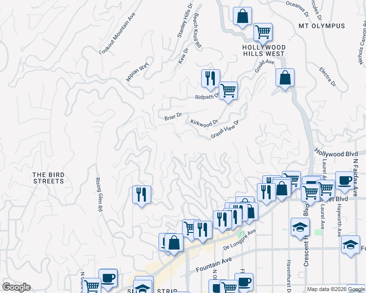map of restaurants, bars, coffee shops, grocery stores, and more near 8494 Cole Crest Drive in West Hollywood