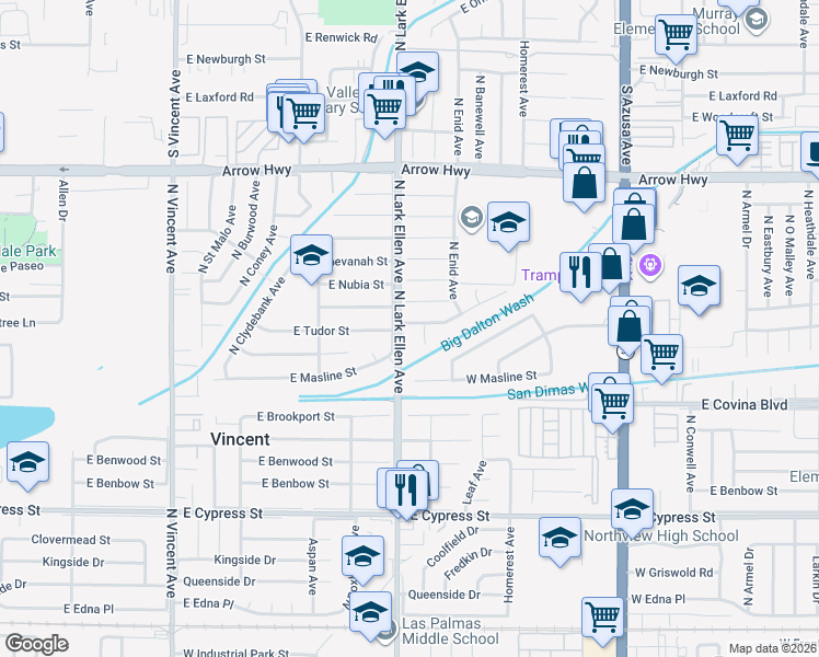map of restaurants, bars, coffee shops, grocery stores, and more near 4926 North Lark Ellen Avenue in Covina
