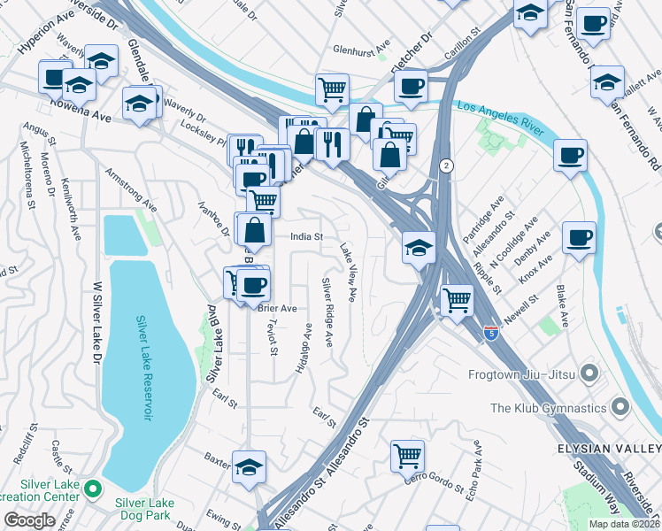 map of restaurants, bars, coffee shops, grocery stores, and more near 2467 Silver Ridge Avenue in Los Angeles