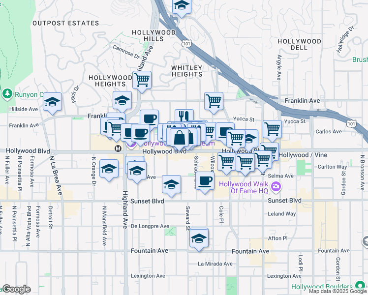 map of restaurants, bars, coffee shops, grocery stores, and more near 6605 Hollywood Boulevard in Los Angeles