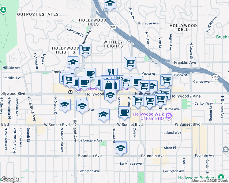 map of restaurants, bars, coffee shops, grocery stores, and more near 1727 Whitley Avenue in Los Angeles
