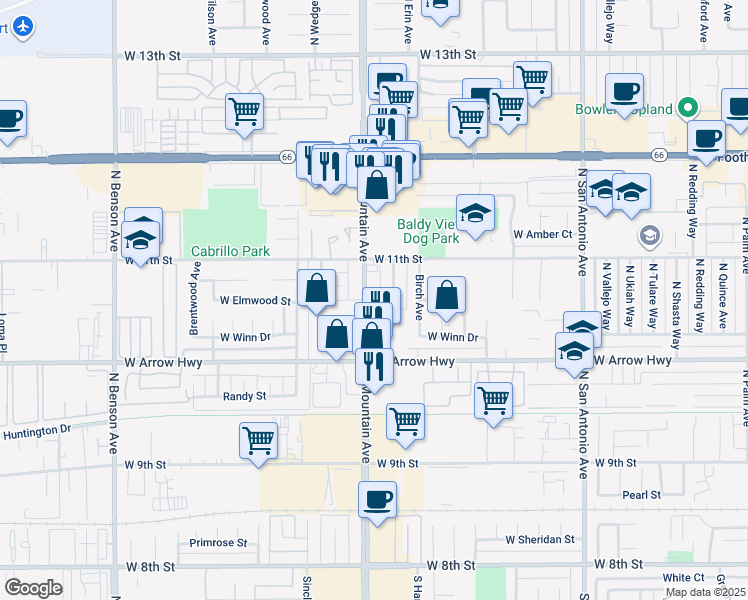 map of restaurants, bars, coffee shops, grocery stores, and more near 733 North Mountain Avenue in Upland