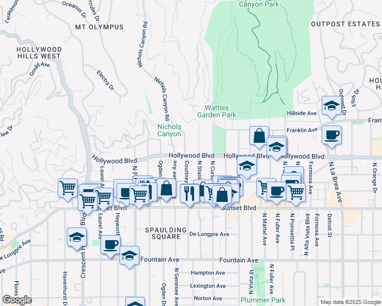 map of restaurants, bars, coffee shops, grocery stores, and more near 1723 Courtney Avenue in Los Angeles