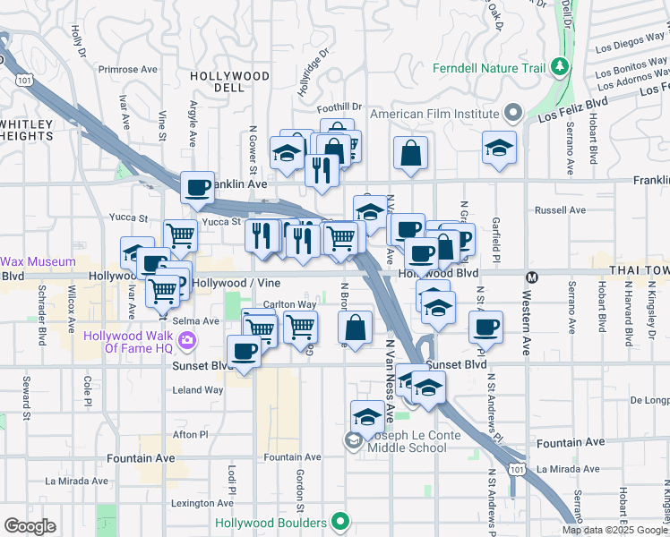 map of restaurants, bars, coffee shops, grocery stores, and more near 12 Carlos Avenue in Los Angeles
