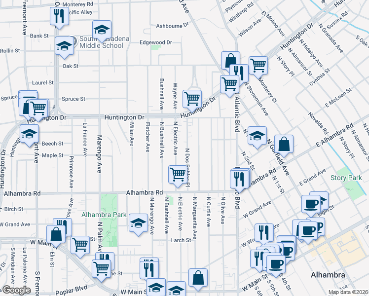 map of restaurants, bars, coffee shops, grocery stores, and more near 906 North Electric Avenue in Alhambra