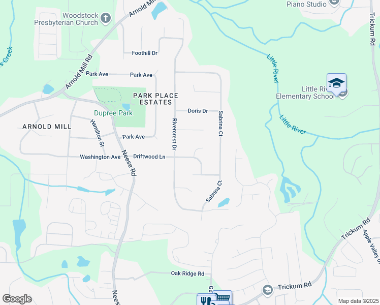 map of restaurants, bars, coffee shops, grocery stores, and more near 813 Randy Court in Woodstock